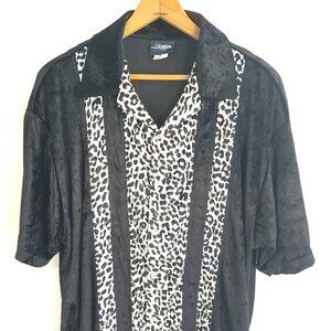 Vtg Hoax Velour Shirt Men's XL Black White Leopard Print Button Front USA 90s